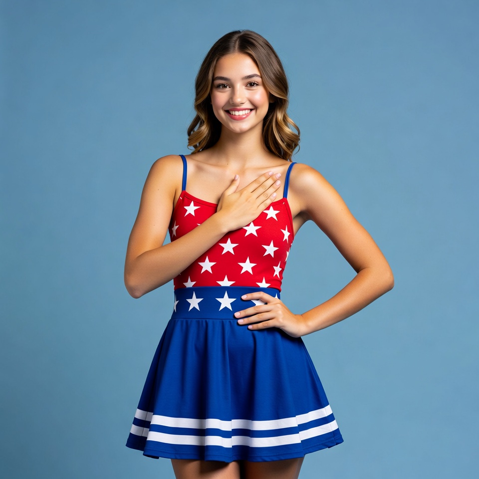 Young woman in American flag dress Young woman in American flag dress