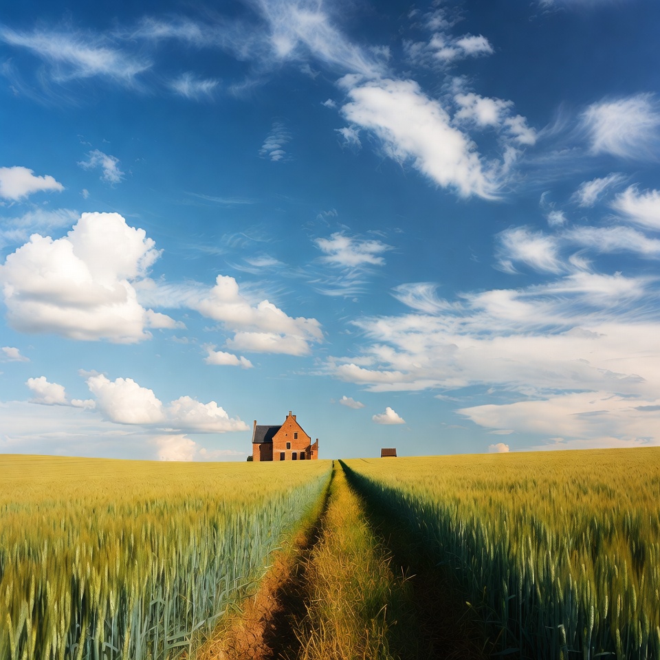 Red Brick House in Wheat Field Path Red Brick House in Wheat Field Path