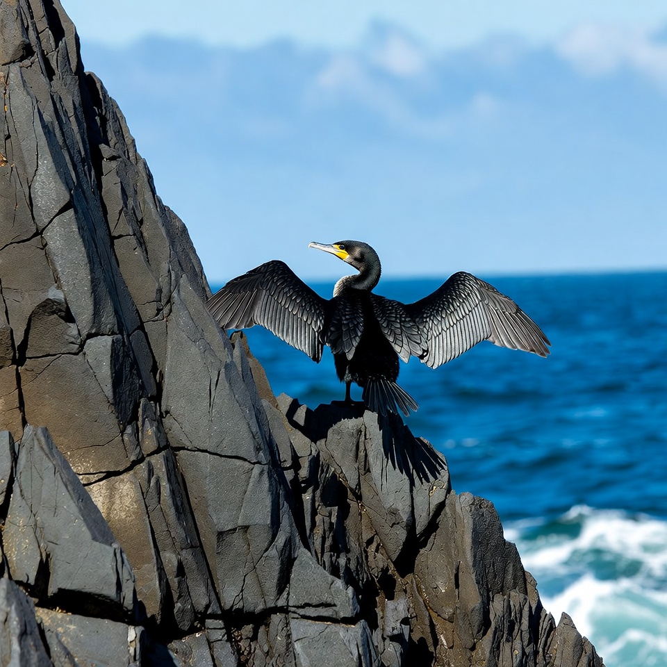 Cormorant spreading wings on rocky cliff Cormorant spreading wings on rocky cliff