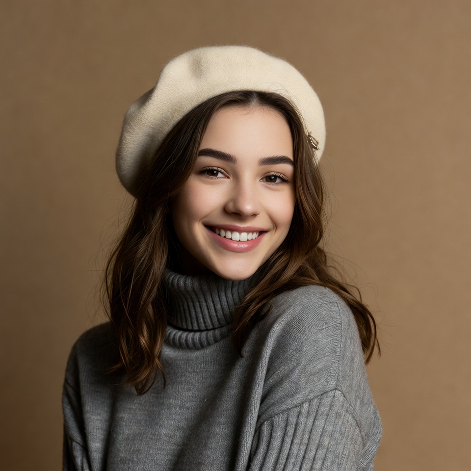 Smiling woman in beret and turtleneck Smiling woman in beret and turtleneck