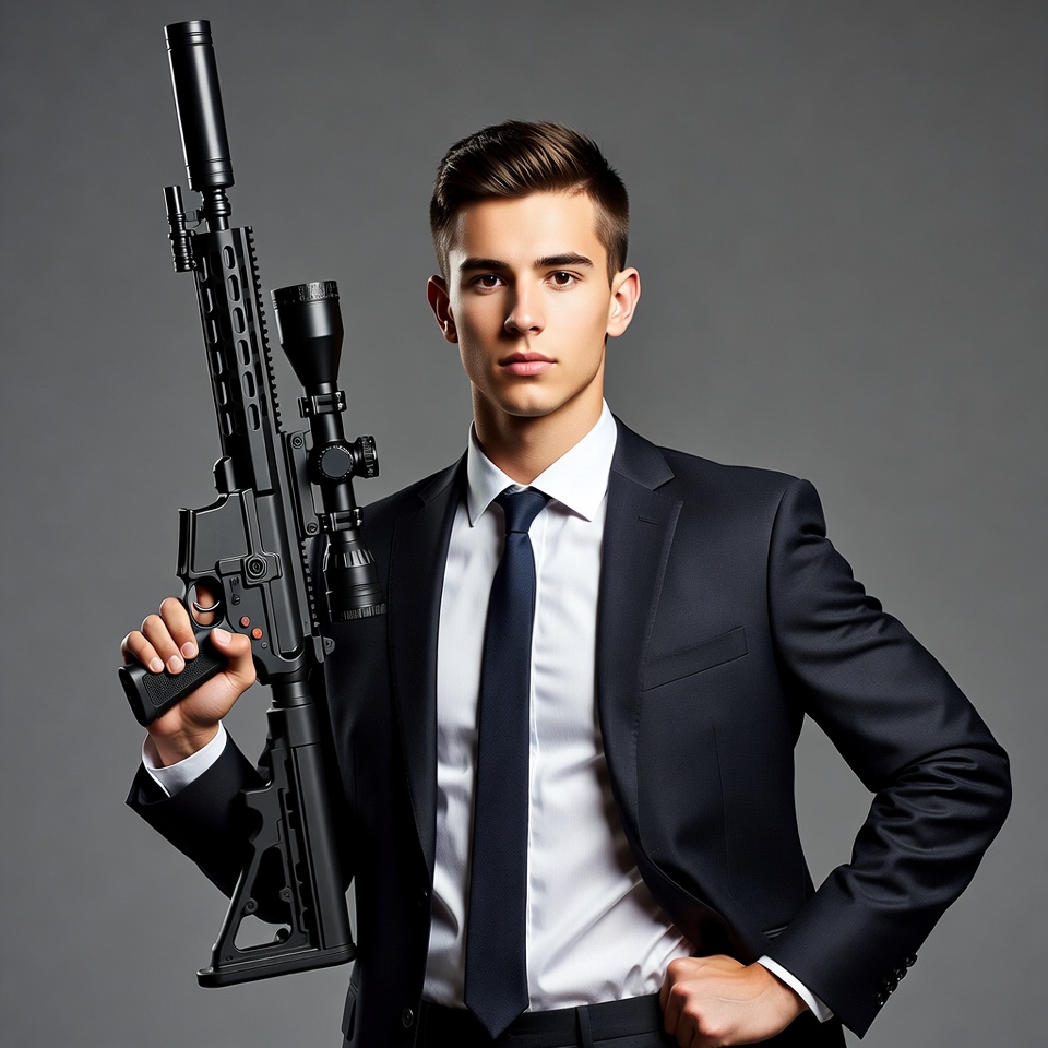 Young man in suit holding rifle Young man in suit holding rifle