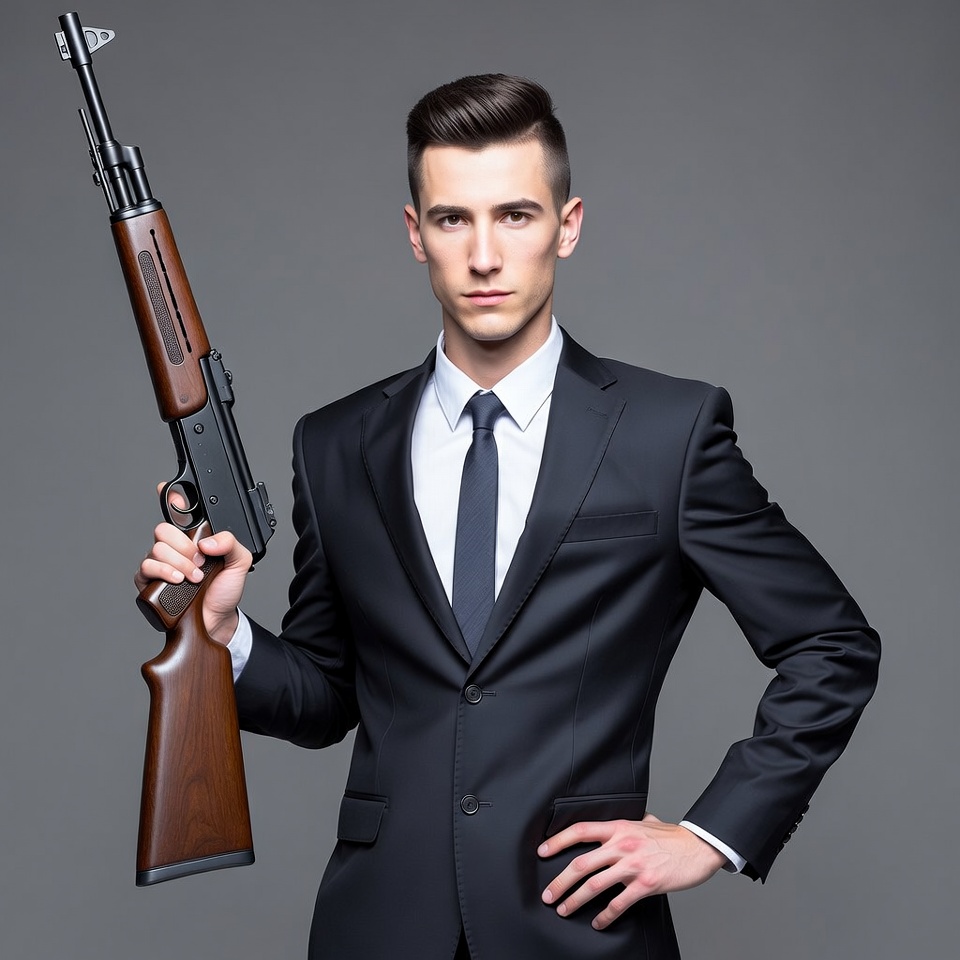 Man in suit holding AK-47 rifle Man in suit holding AK-47 rifle