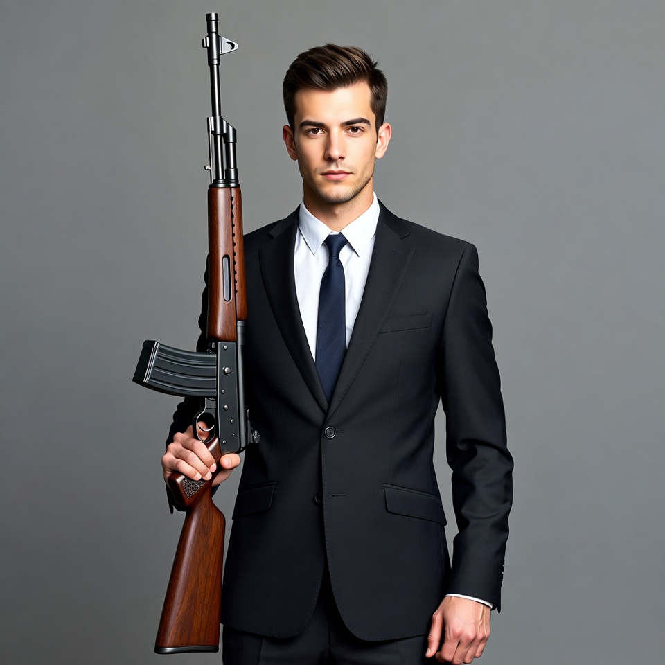 Man in suit holding AK-47 Man in suit holding AK-47