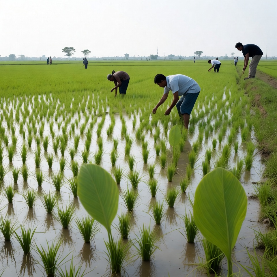 Farmers Transplanting Rice Seedlings in Paddy Field Farmers Transplanting Rice Seedlings in Paddy Field