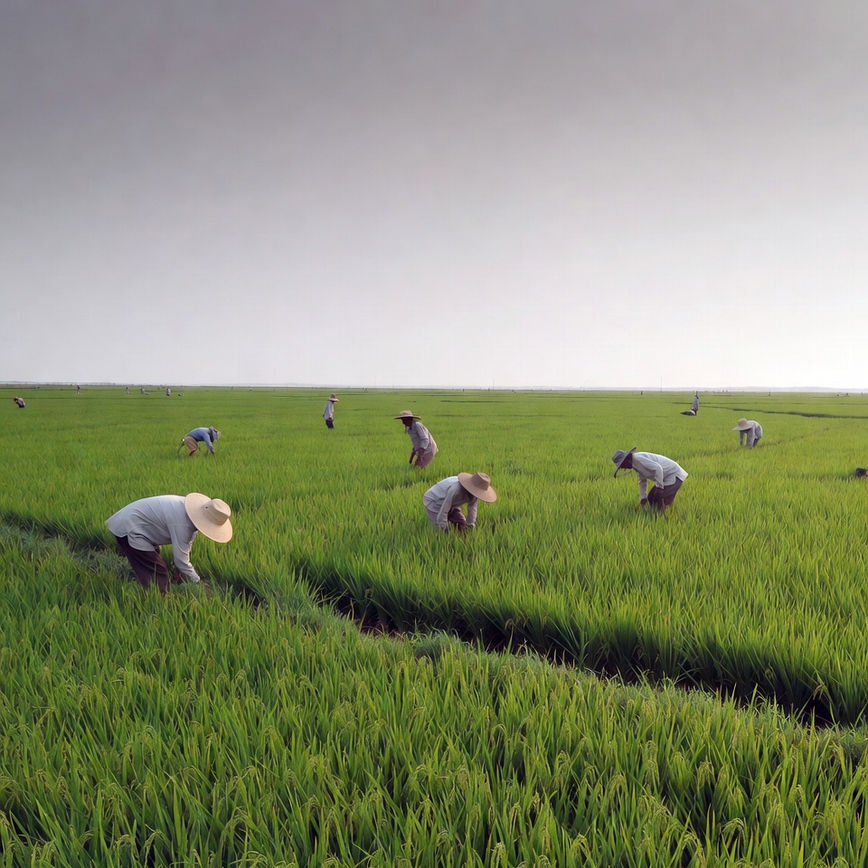 Asian farmers working rice paddy field Asian farmers working rice paddy field