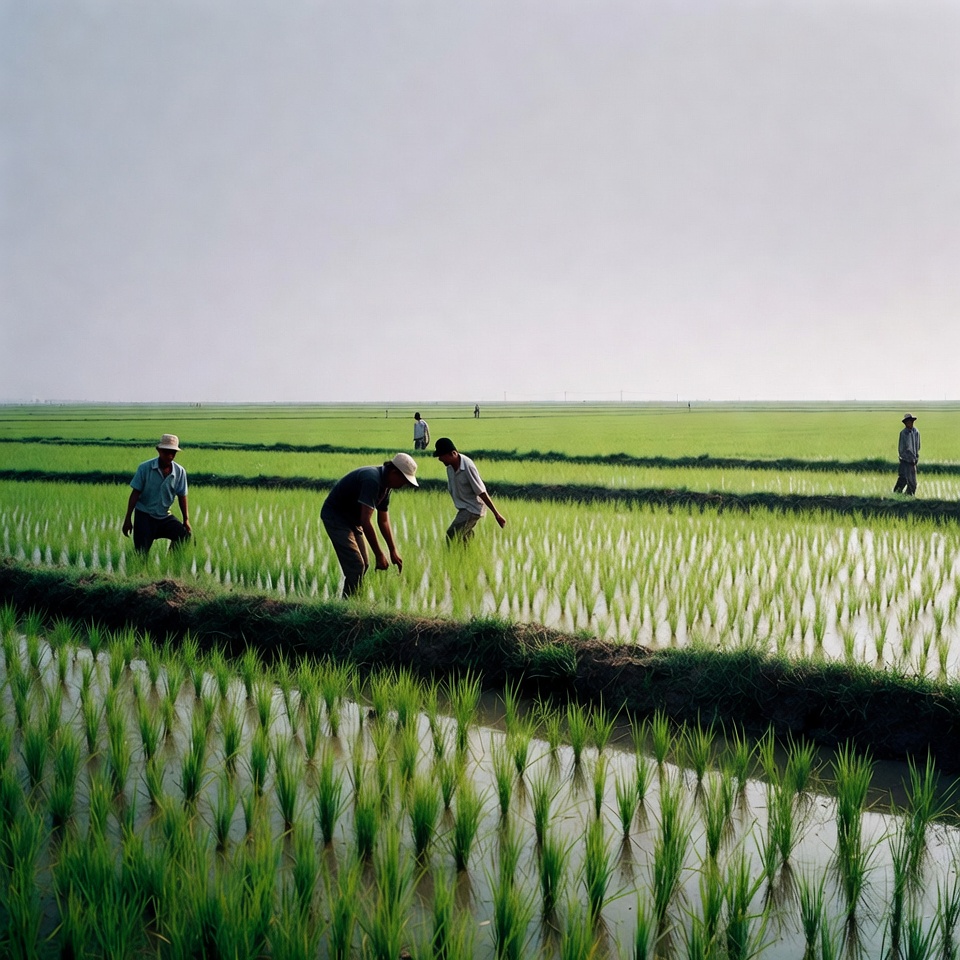 Asian farmers working rice fields Asian farmers working rice fields
