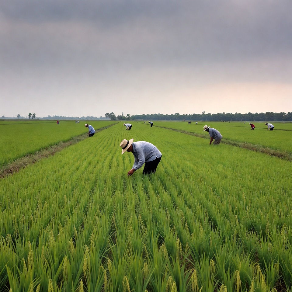 Asian farmers working rice fields Asian farmers working rice fields