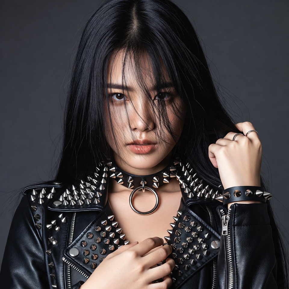 Asian woman in spiked leather jacket Asian woman in spiked leather jacket
