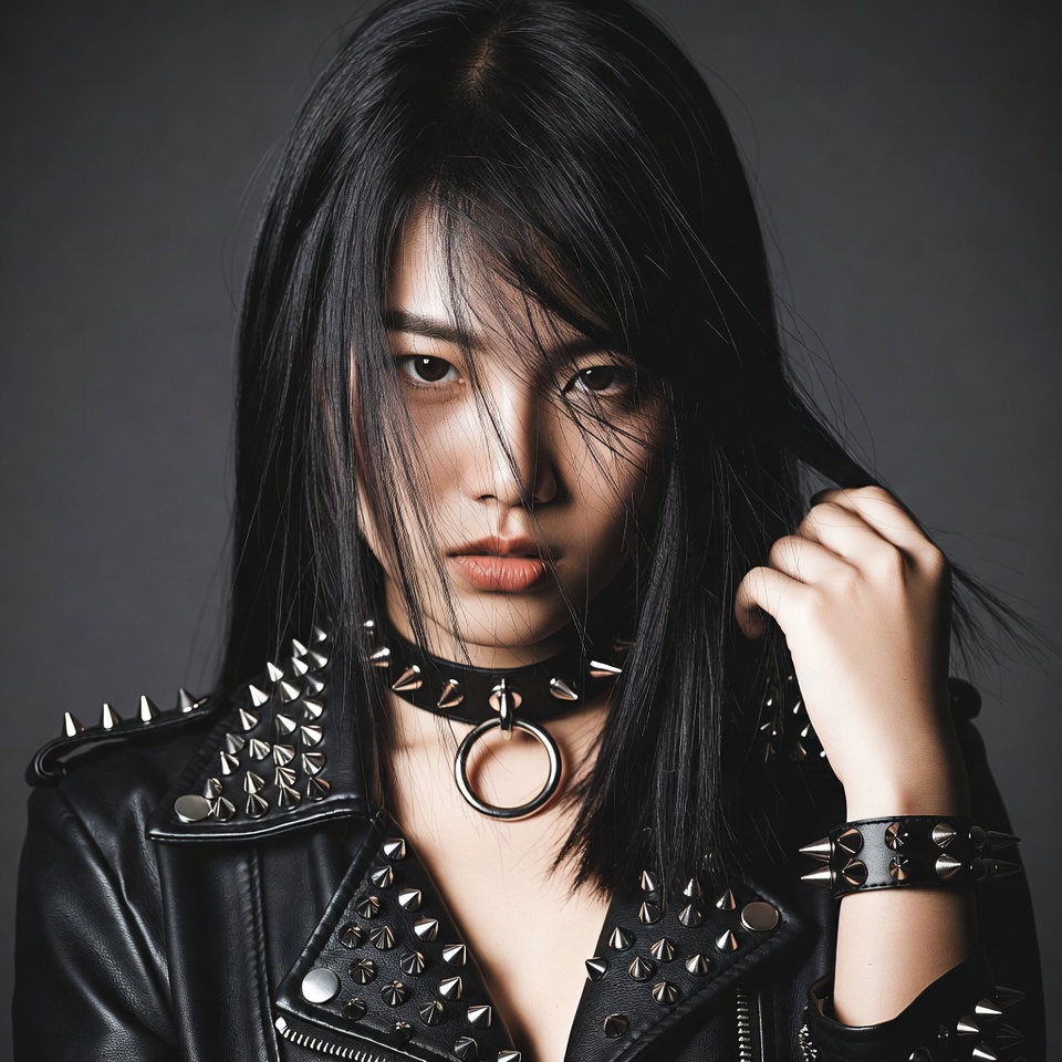 Asian woman in spiked choker jacket Asian woman in spiked choker jacket
