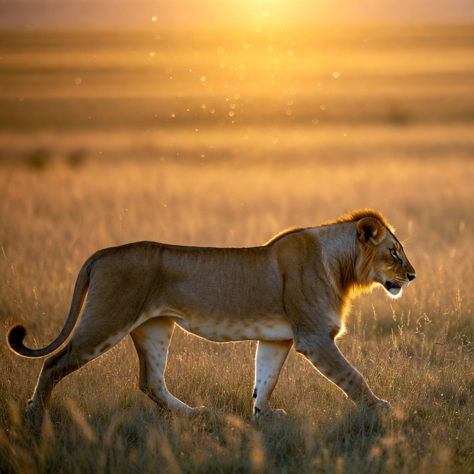 Lion walking in golden sunset savanna Lion walking in golden sunset savanna