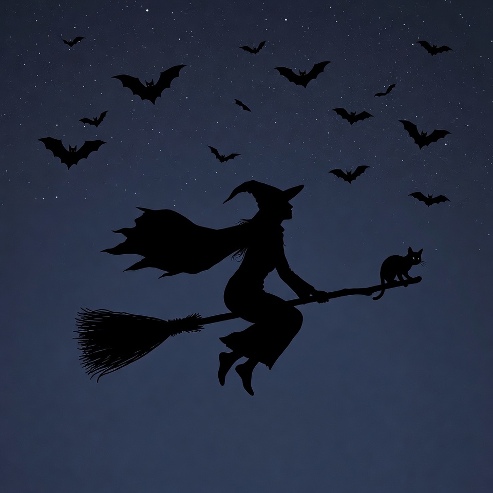 Witch Flying on Broomstick with Cat Witch Flying on Broomstick with Cat