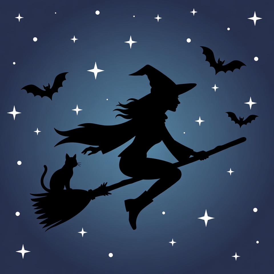 Silhouette witch flying on broomstick Silhouette witch flying on broomstick