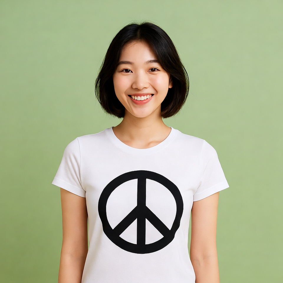 Asian woman in peace sign t-shirt Asian woman in peace sign t-shirt