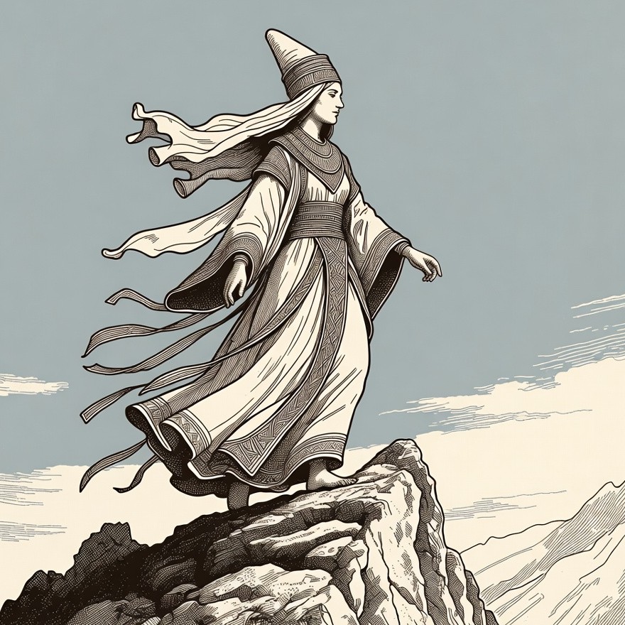 Woman in flowing robes on mountain peak Woman in flowing robes on mountain peak