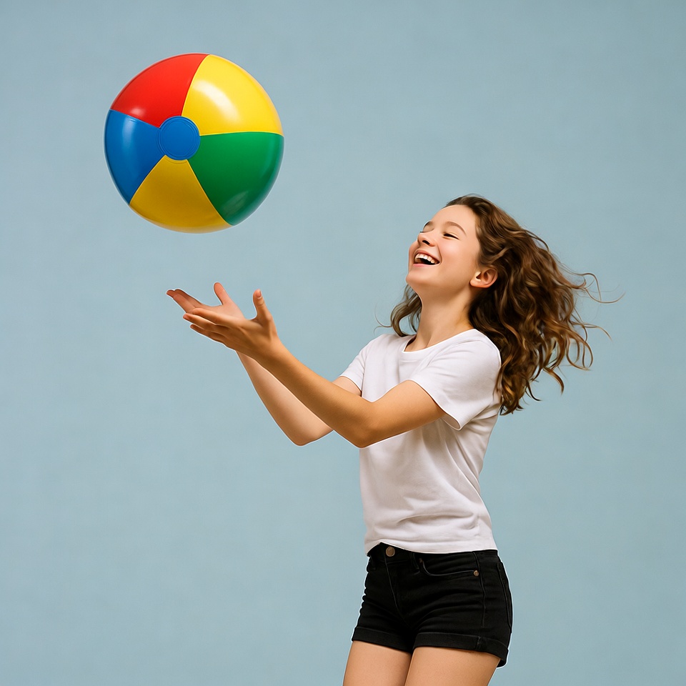 Girl reaching for colorful beach ball Girl reaching for colorful beach ball