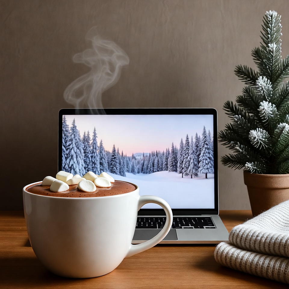Hot Cocoa with Marshmallows and Winter Laptop Scene Hot Cocoa with Marshmallows and Winter Laptop Scene