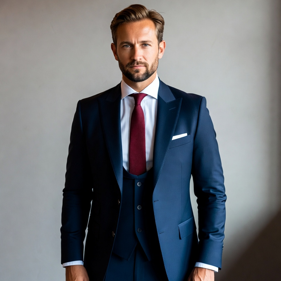 Handsome man in navy three-piece suit Handsome man in navy three-piece suit