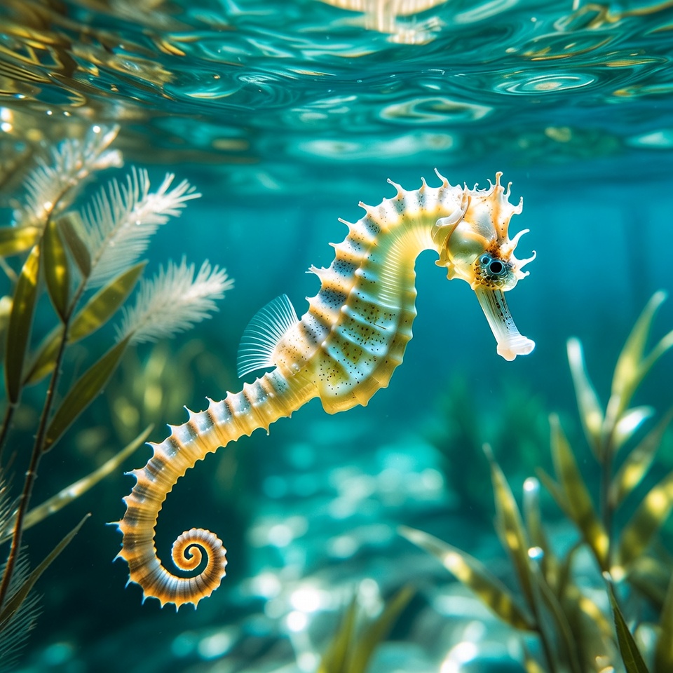 Yellow Seahorse in Underwater Seaweed Yellow Seahorse in Underwater Seaweed