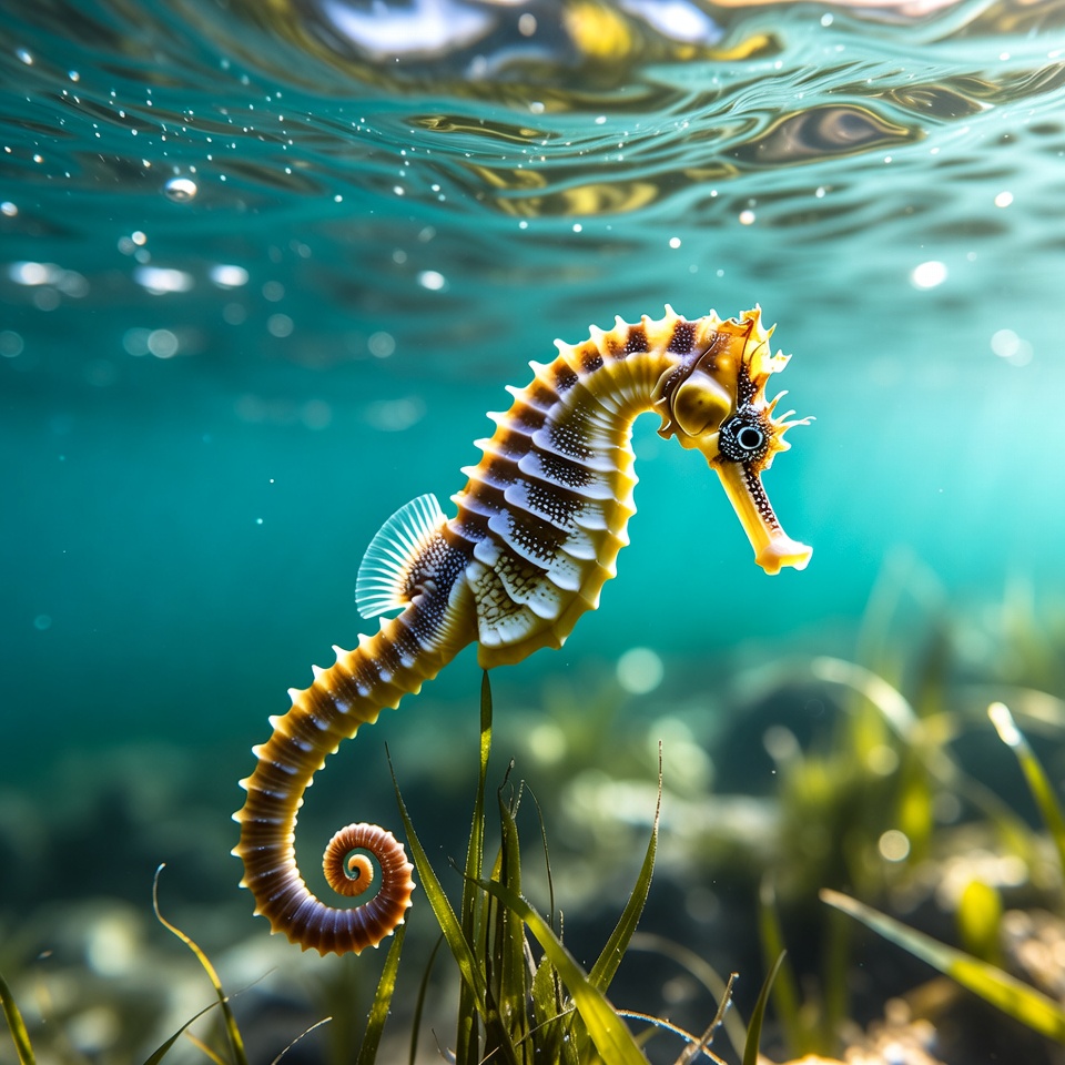 Seahorse on underwater seagrass Seahorse on underwater seagrass