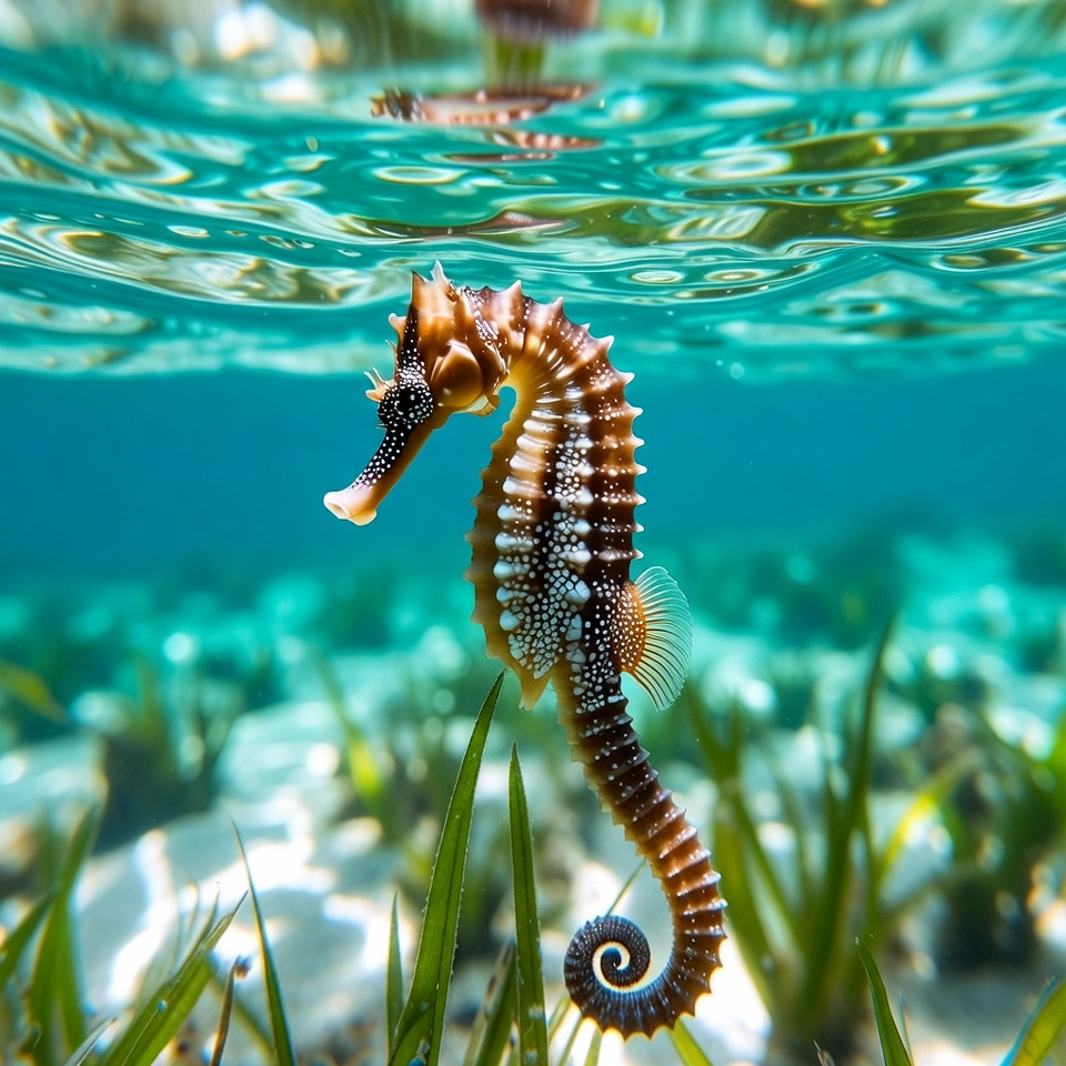 Seahorse in turquoise underwater seagrass Seahorse in turquoise underwater seagrass
