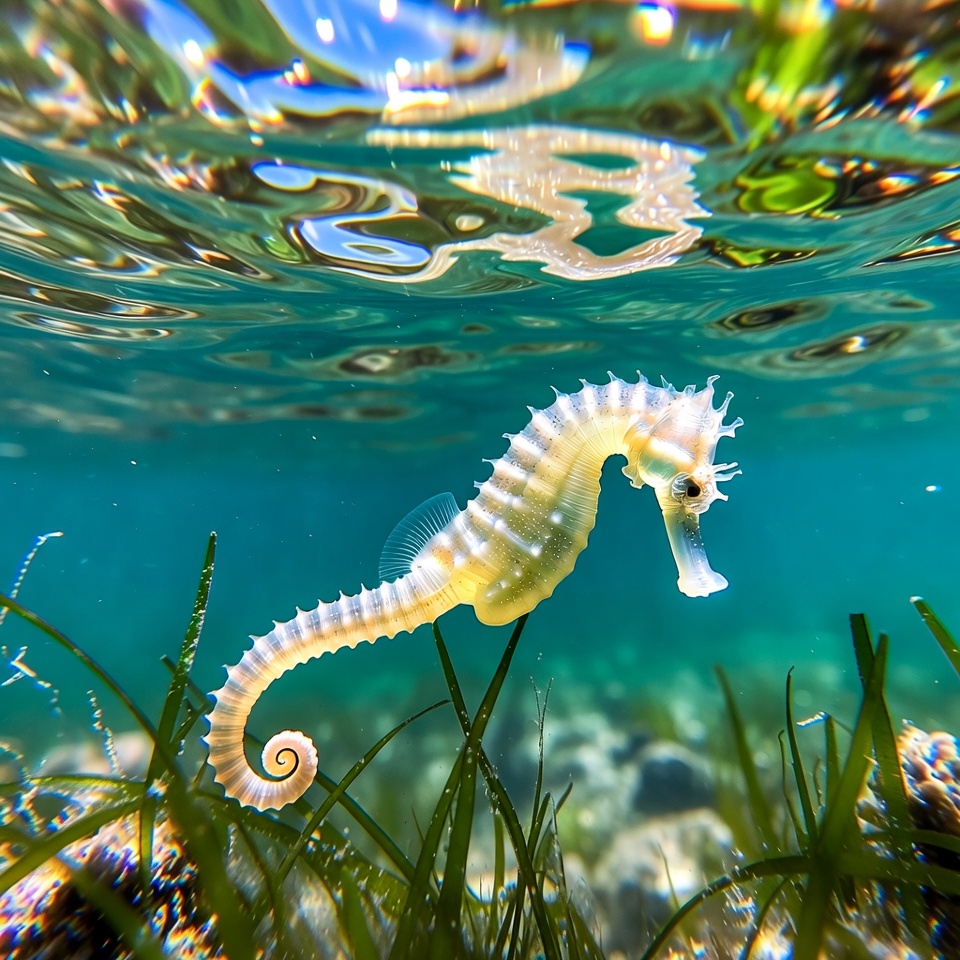 Yellow Seahorse in Underwater Seagrass Yellow Seahorse in Underwater Seagrass