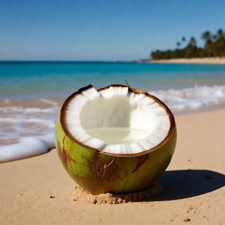 Open coconut on tropical beach Open coconut on tropical beach