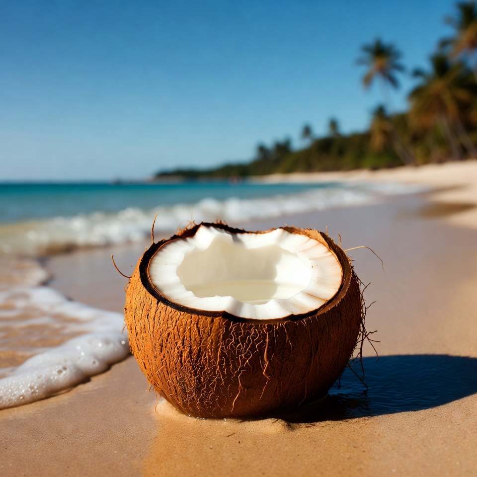 Split Coconut on Tropical Beach Split Coconut on Tropical Beach