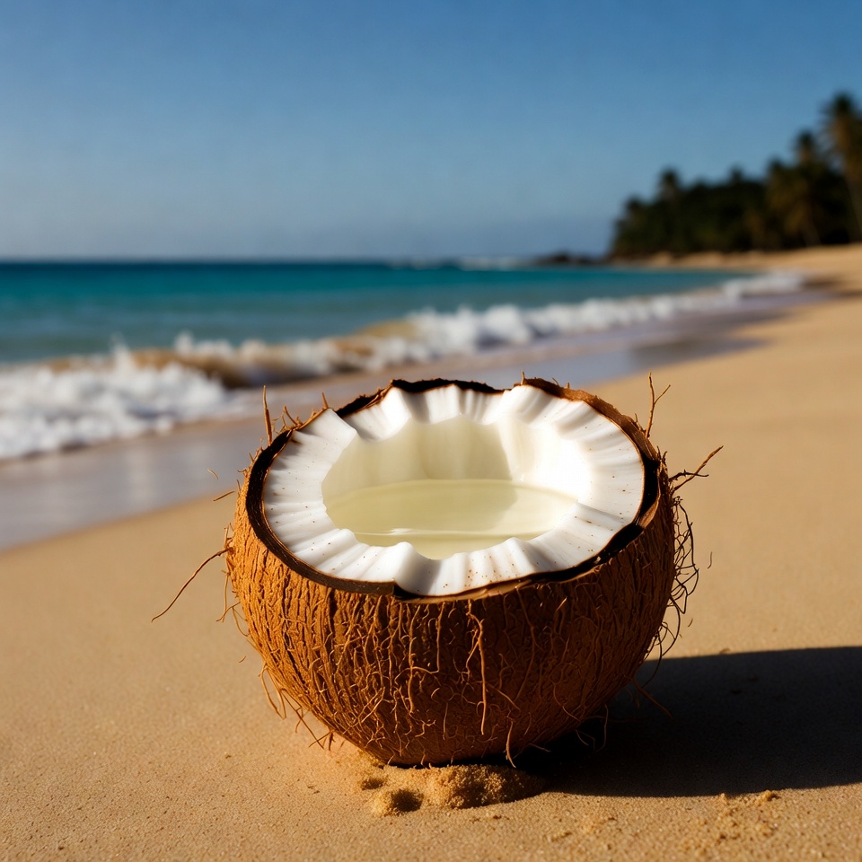 Split Coconut on Tropical Beach Split Coconut on Tropical Beach