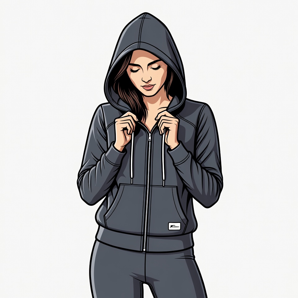 Woman zipping black hoodie illustration Woman zipping black hoodie illustration