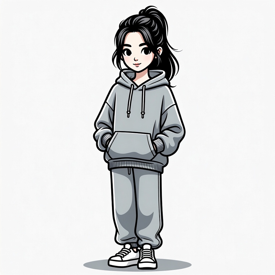 Anime girl in gray hoodie and pants Anime girl in gray hoodie and pants