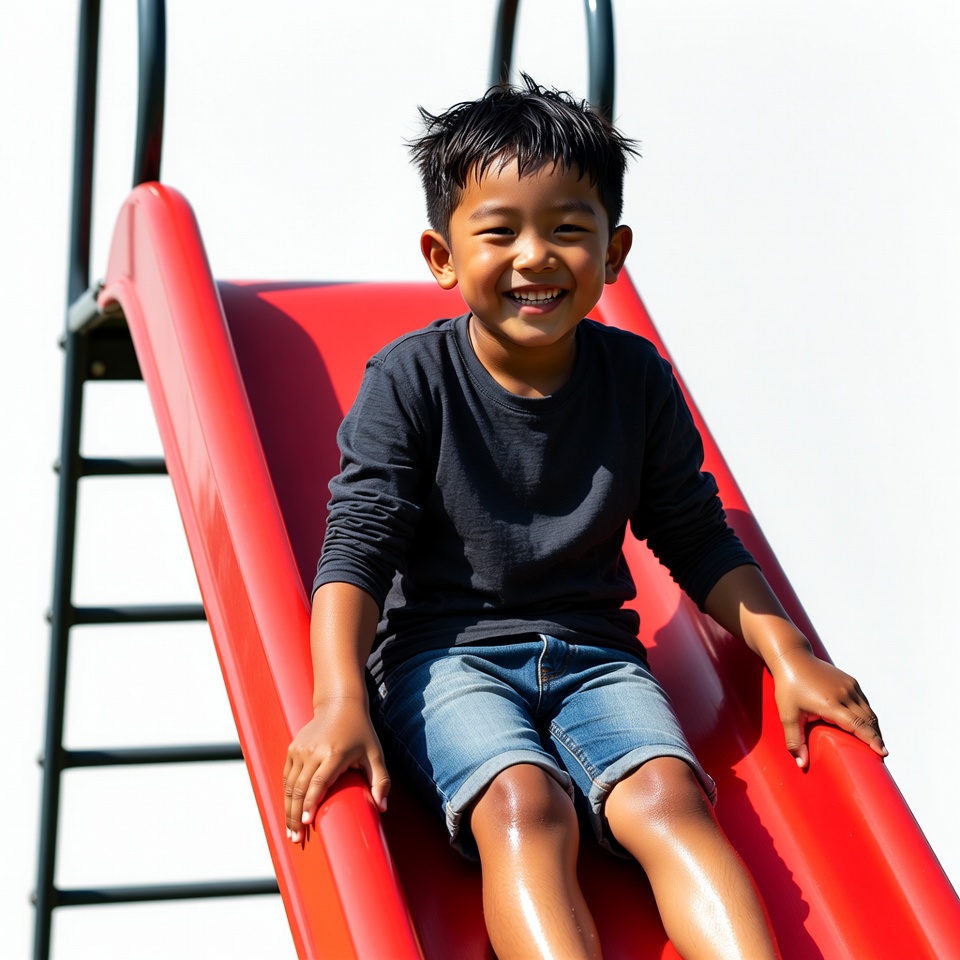 Asian boy sliding on red playground slide Asian boy sliding on red playground slide