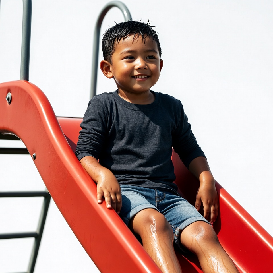 Asian boy sliding on red playground slide Asian boy sliding on red playground slide