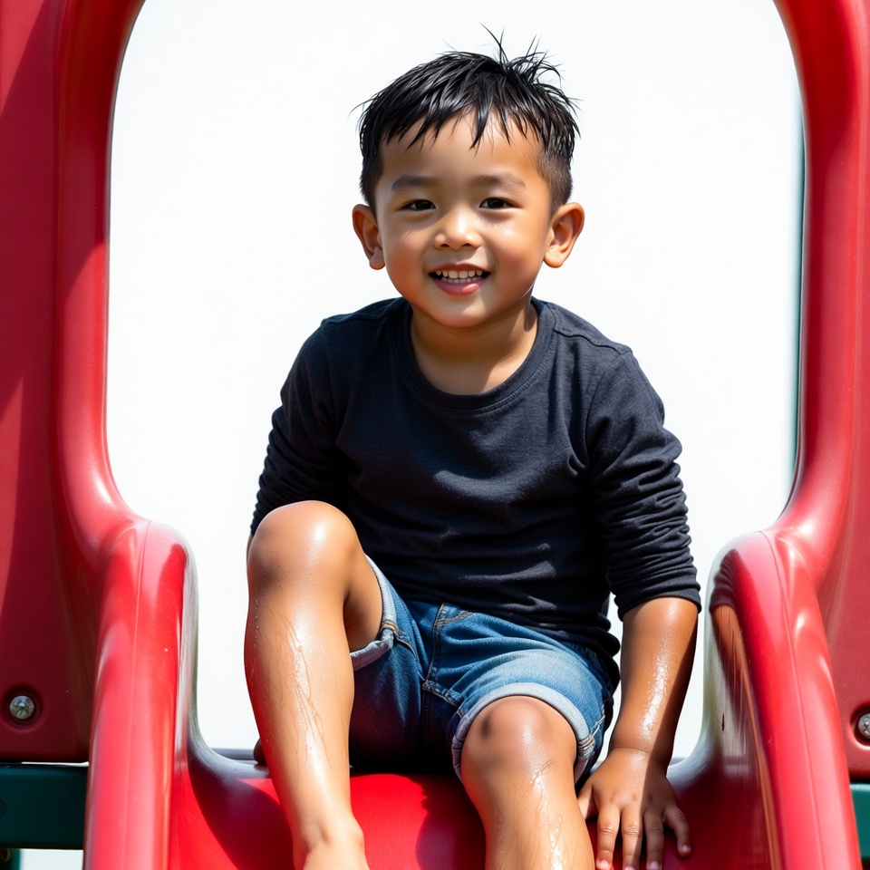 Asian boy sliding on red playground slide Asian boy sliding on red playground slide