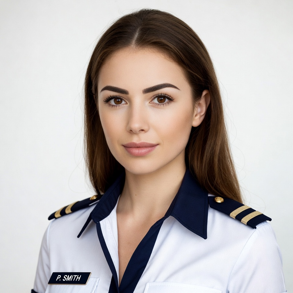 Woman in white pilot uniform Woman in white pilot uniform