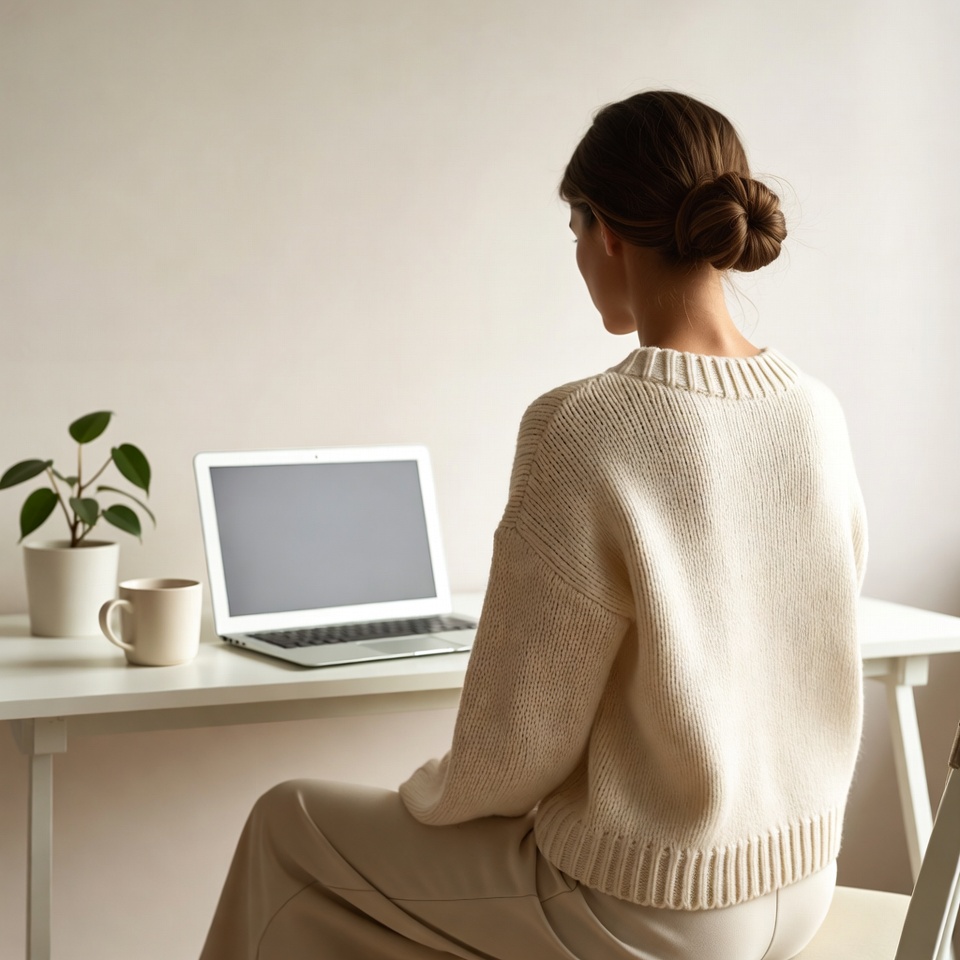 Woman working on laptop from behind Woman working on laptop from behind