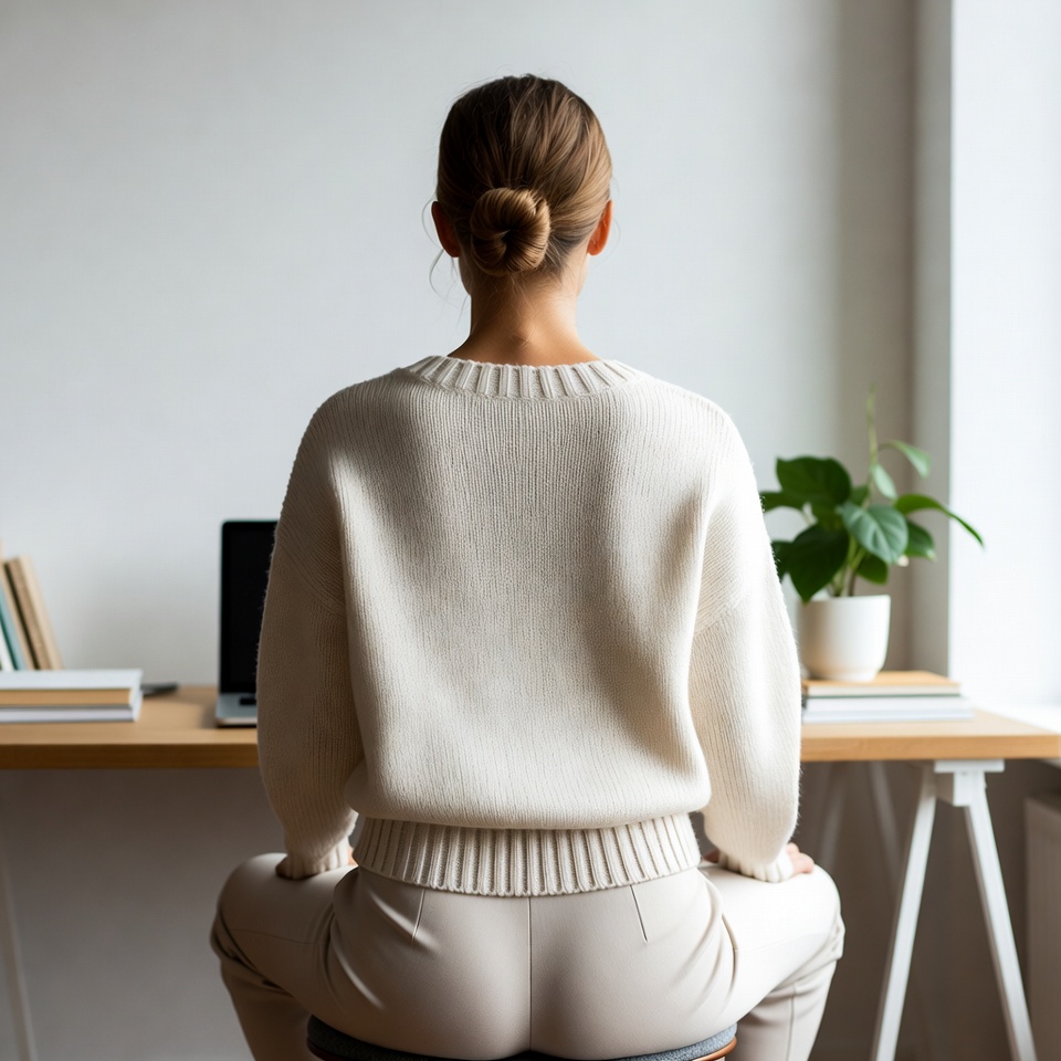 Woman working at desk from behind Woman working at desk from behind