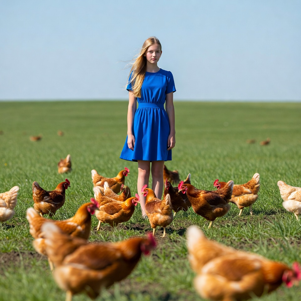 Blonde girl surrounded by chickens Blonde girl surrounded by chickens