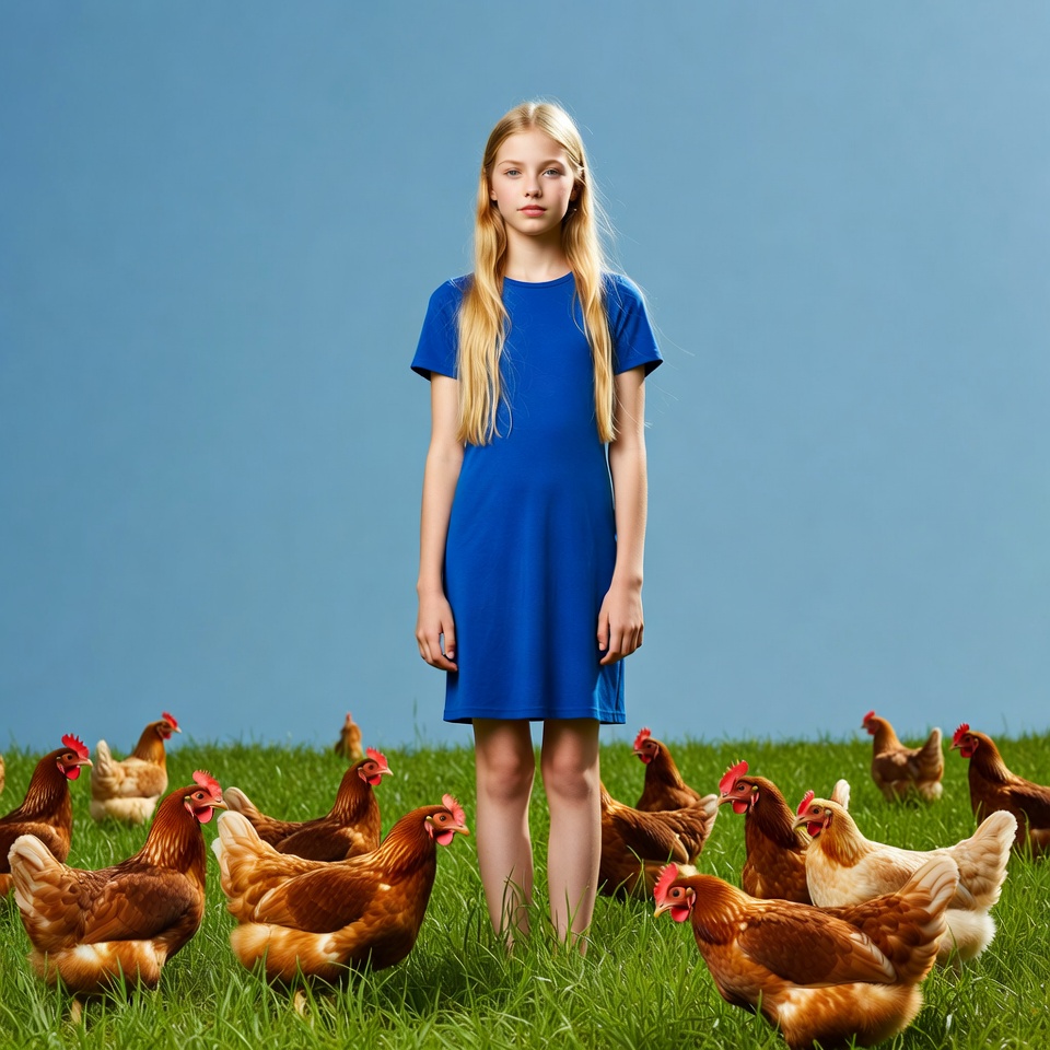 Blonde girl surrounded by chickens Blonde girl surrounded by chickens
