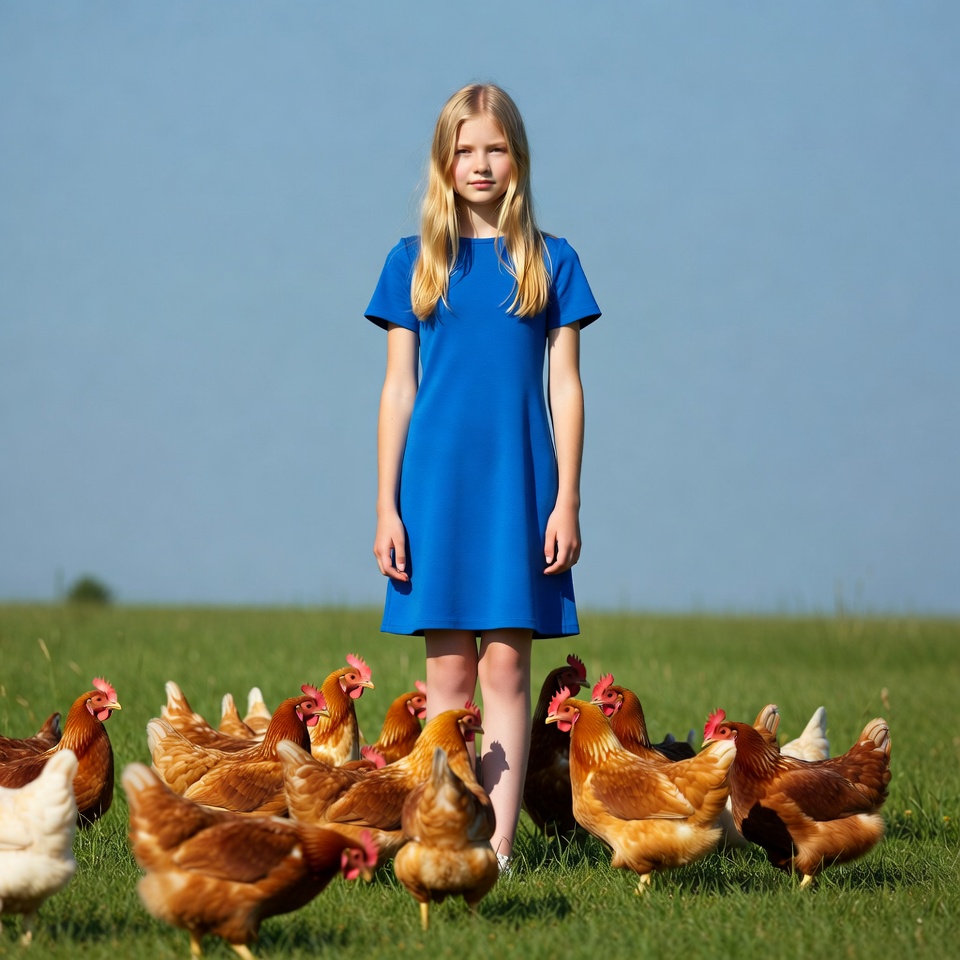 Blonde girl surrounded by chickens Blonde girl surrounded by chickens