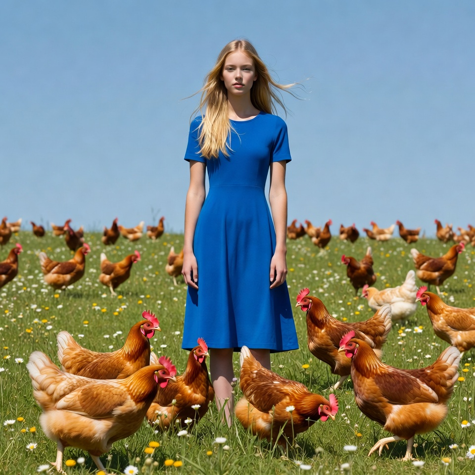 Blonde woman standing among chickens Blonde woman standing among chickens