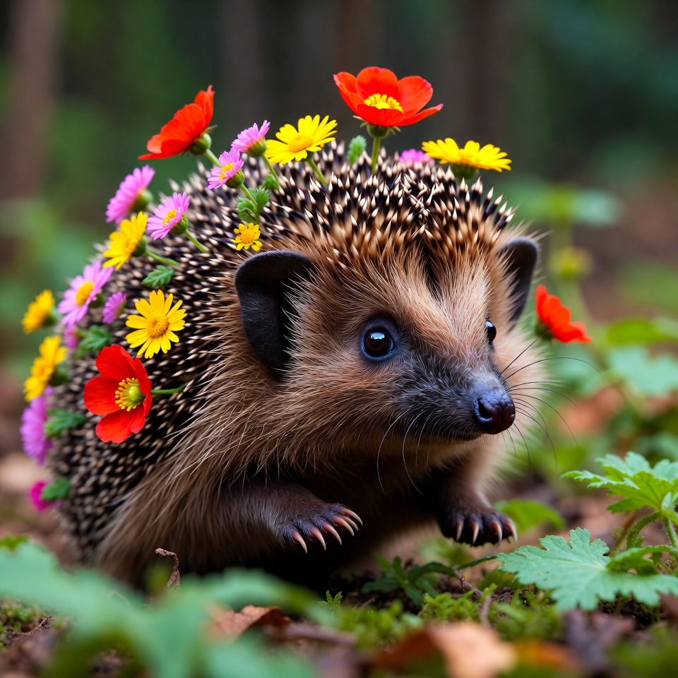Hedgehog covered in colorful flowers Hedgehog covered in colorful flowers