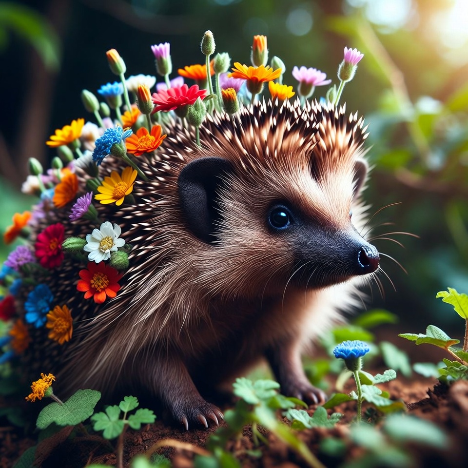 Hedgehog covered in colorful flowers Hedgehog covered in colorful flowers