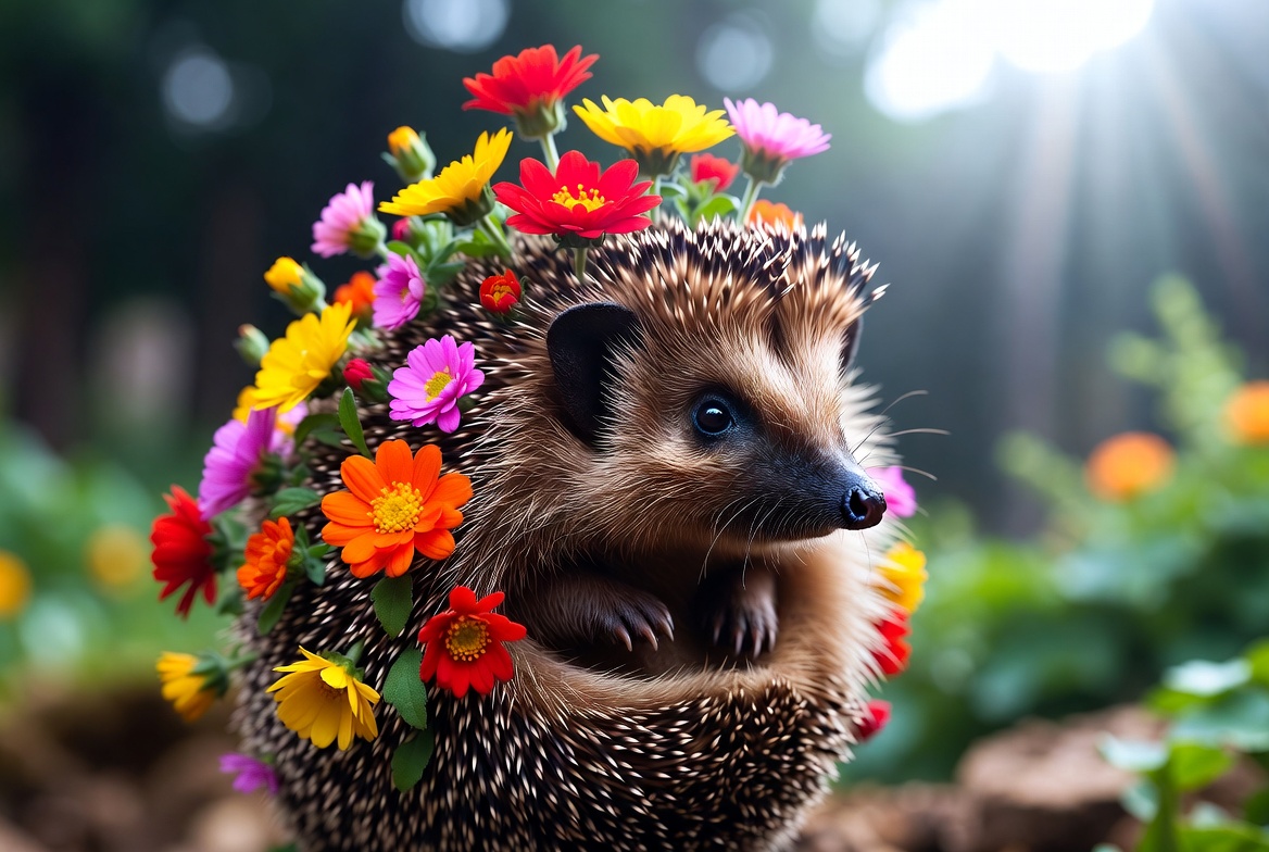 Hedgehog covered in colorful flowers Hedgehog covered in colorful flowers