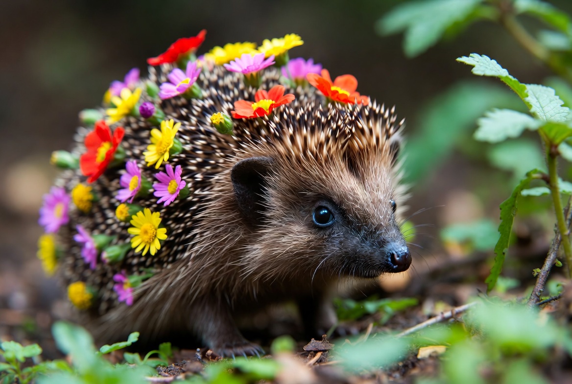 Hedgehog covered in colorful flowers Hedgehog covered in colorful flowers