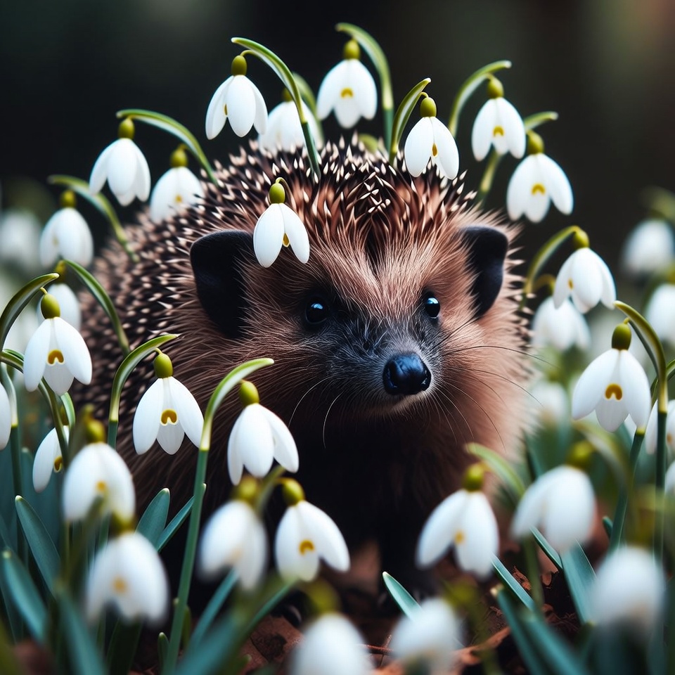 Hedgehog surrounded by snowdrop flowers Hedgehog surrounded by snowdrop flowers