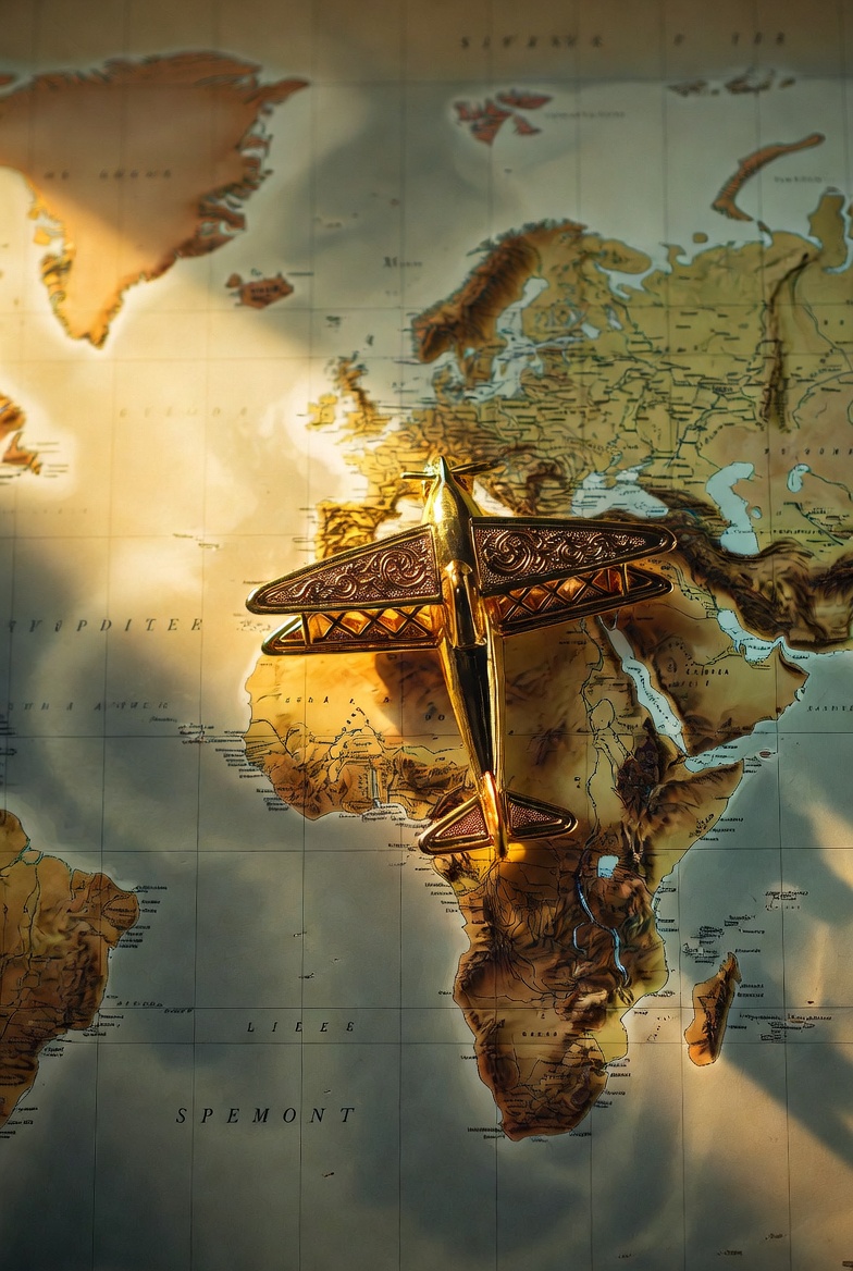 Golden Airplane Model on World Map Golden Airplane Model on World Map