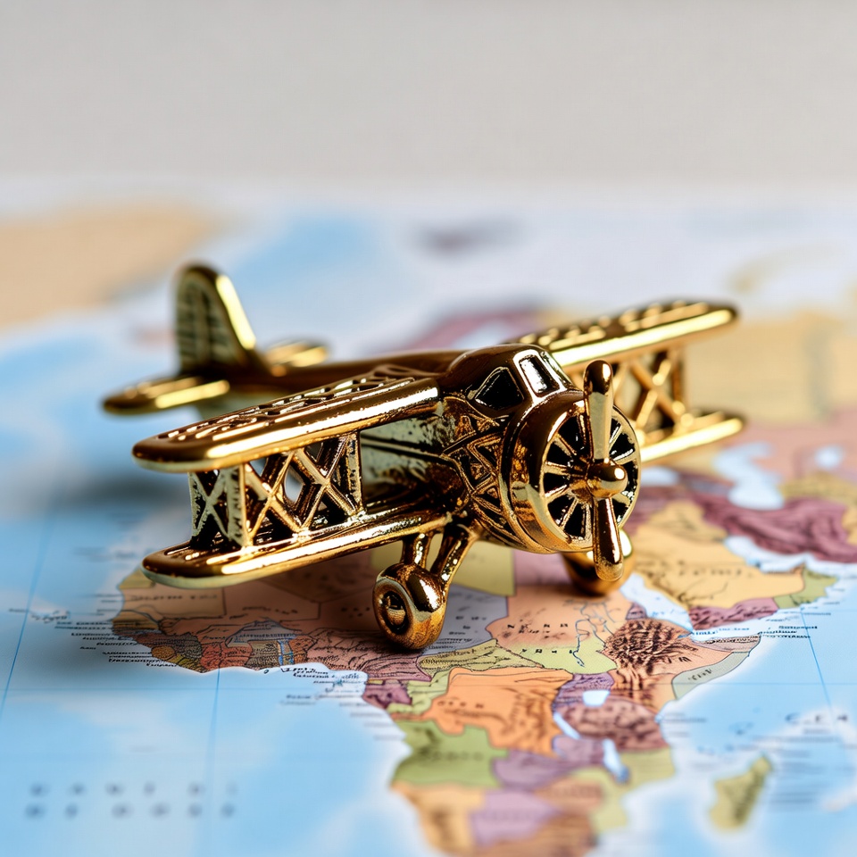 Golden Biplane Model on World Map Golden Biplane Model on World Map