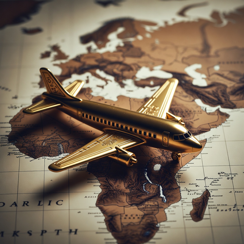 Golden airplane on Africa map Golden airplane on Africa map