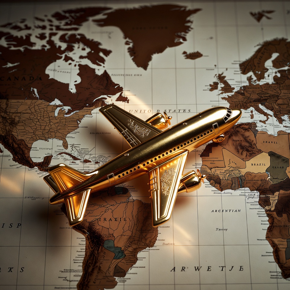 Golden Airplane on World Map Golden Airplane on World Map