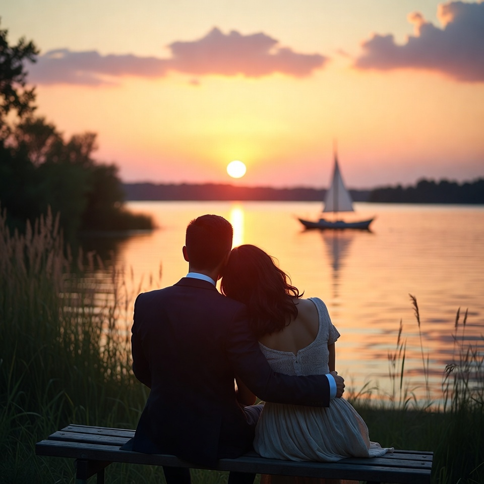 Couple embracing at sunset lake Couple embracing at sunset lake